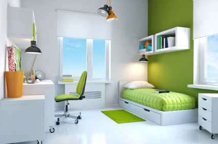 green and white modern bedroom